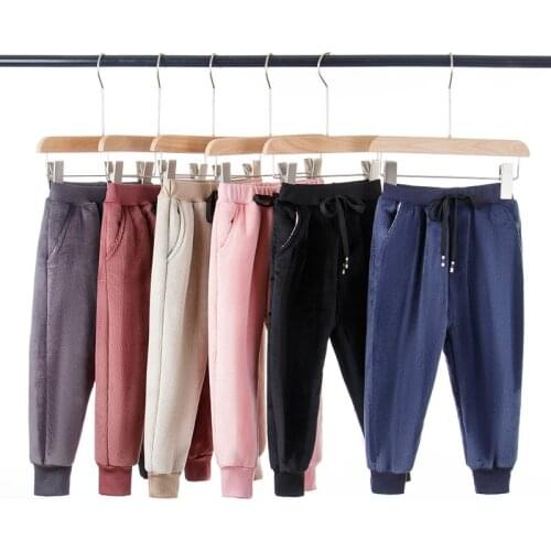 2021 Casual Girls Boys Winter Pants Corduroy Thicken Warm Lamb Wool Trousers For 1-12 Years Children Elastic Belt Bow Kids Pants