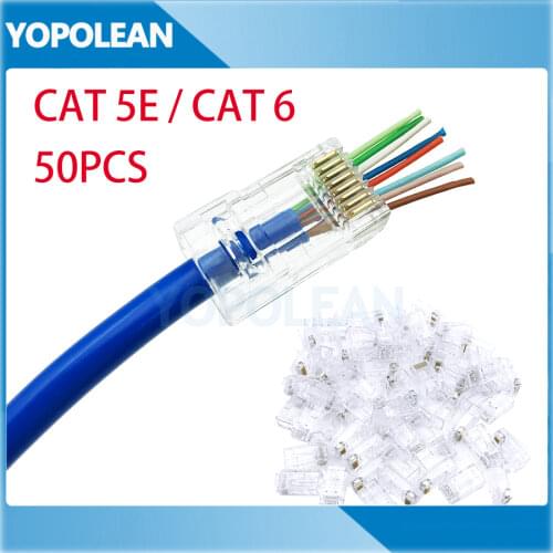 50pcs/Lot RJ45 Cat 5E Cat 6 Network Modular Plug 8P8C CAT5E CAT6 Ethernet Cable Connector Gold Plated Pass Through