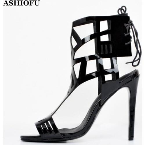 ASHIOFU New Style Womens High Heel Sandals Cross-shoelace Party Prom Summer Shoes Sexy Evening Club Fashion Sandals Shoes XD106