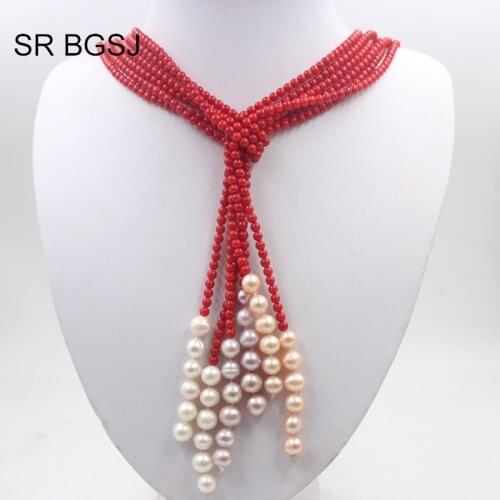 Free Shipping 50" 4mm Red Round Coral Beads &8-9mm Round Freshwater Pearl Women Long Necklace