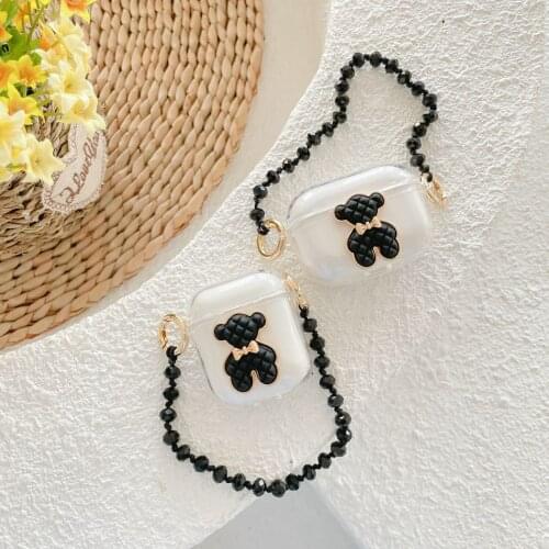 Luxury ins Bear Earphone Case For AirPods 2/1 airpod Soft Earphone Cover For AirPods Pro 3 Headset Case with Black Crystal Chain
