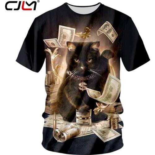 CJLM Animal Tshirts Black New Fashion Men Dollars Cat Printed 3d T Shirt Casual Hip Hop O Neck Outfits Tee Unisex Shirts Tops