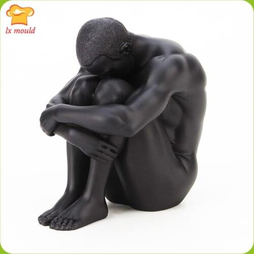 Hot Sale Human Body Silicone Mold Art Male Sitting Posture Holding Legs Birthday Gift Home Decoration Candle Plaster Mould