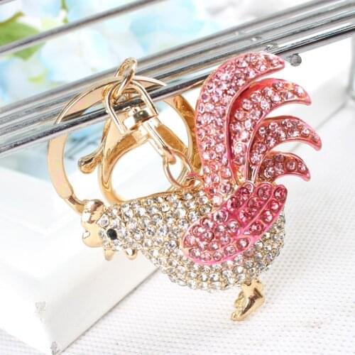 Chicken Cock Rooster Fashion Cute Rhinestone Crystal Purse Bag Car Key Ring Chain Jewelry Birthday Party Wedding Gift