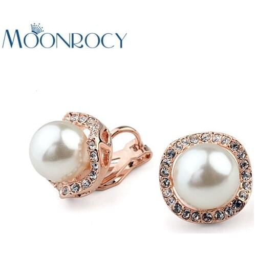 MOONROCY Drop Shipping Fashion Jewelry Wholesale Rose Gold Color imitation pearl Crystal Clip Earrings For women Gift