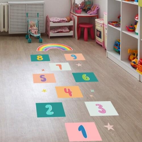Cartoon Rainbow Square Numbers Jumping Childrens Game Floor Stickers Kindergarten LivingRoom Floor Decoration Wall Stickers