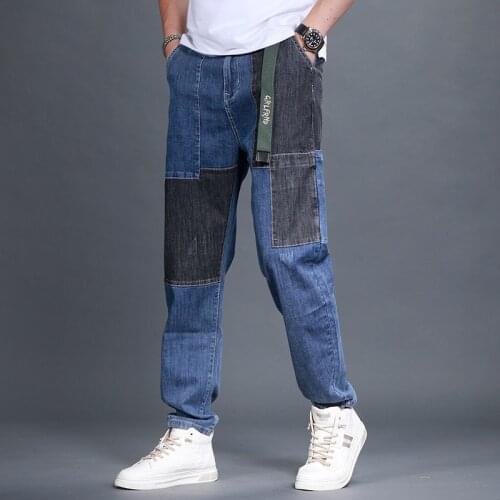 Men Blue Spliced Jeans Summer New Thin Loose Fit Straight Denim Pants Zipper Preppy Style Casual Sashes Trousers Male 28-36