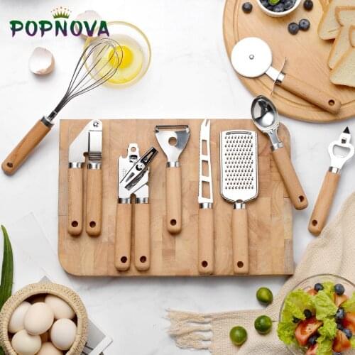 Kitchen Gadget Set Wooden Handle Stainless Steel Utensils Can Opener Peeler Garlic Press Cheese Grater Whisk Kitchen Accessories