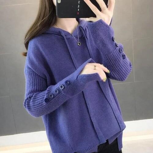 Casual Hooded Sweater 2021 New Autumn Winter Korean Style Women Loose Long Sleeve Tops Solid Button Knitwear Pullover Female