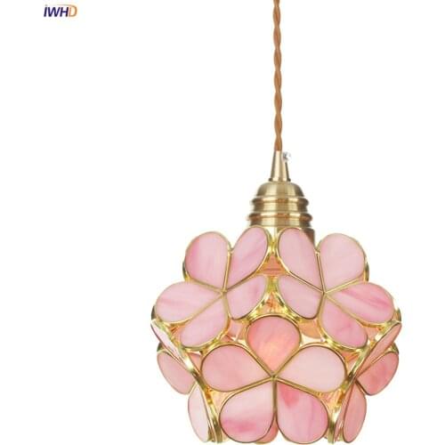 IWHD Modern Pink Glass Copper Pendant Lamp Bedroom Living Dinning Room Kitchen Nordic Hanging Lights LED Luminaria Lighting