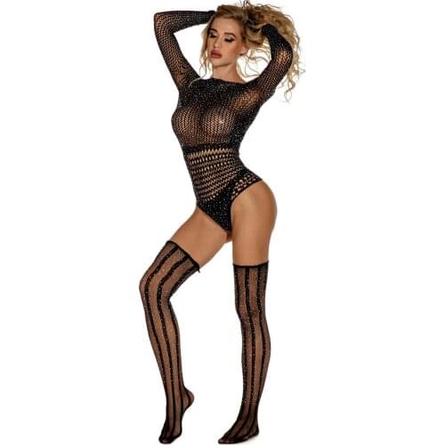 Womens Clothes Hollow Out Backless Long Sleeve One Piece Playsuits New Rhinestone Sexy Mesh Sheer Bodysuits With Socks 2021 New