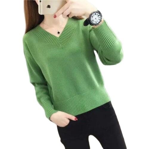 Womens Sweaters And Pullovers Spring Fall Long Sleeved V-neck Full Femme Solid Pullover Female Casual Knitted Sweater Coat Q80