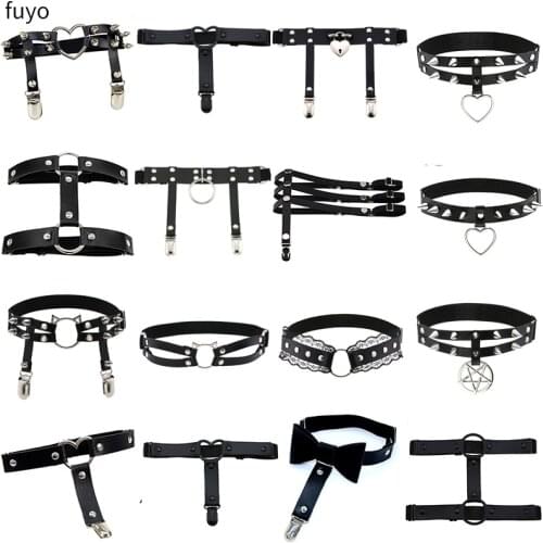 Women Elastic Punk Bow Double Thigh Ring Faux Leather Metal O-Ring Garter Belt Elastic Leg Stockings Thigh Harness Bondage Belt