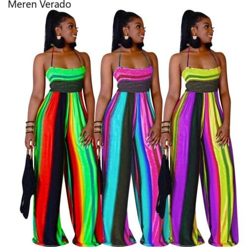 Plus Size Summer Women Colorful Striped Elegant Jumpsuits Sexy Strapless Spaghetti Strap Fold Printing Wide Leg Jumpsuit