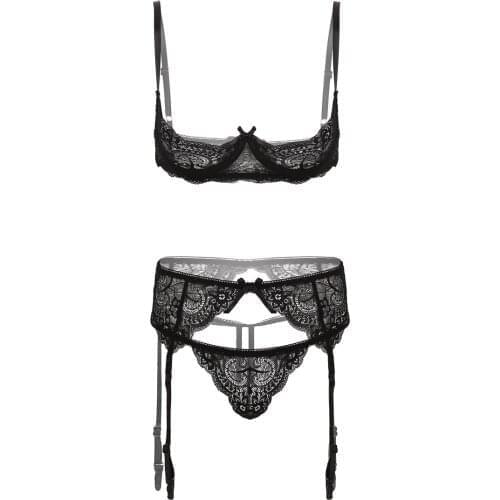Women Sexy Lingerie Set Erotic Sheer Lace Adjustable Straps Open Cups Underwired Bra Top with Garter Belt and G-String Briefs