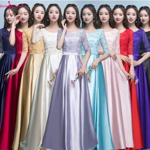 Beauty-Emily Cheap Long Satin O Neck Bridesmaid Dresses 2019 A-Line Vestido De Festa De Casamen Formal Party Prom Dresses