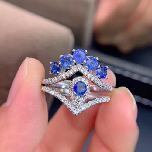 Elegant crown tulips tassels Natural Blue sapphire Ring Natural gemstone ring S925 silver women party girl gift fine Jewelry