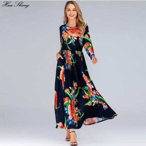 Plus Size Dress 6xl 2019 Women Summer Long Sleeve Floral Print Boho Beach Dress Pockets Ladies Tunic Maxi Long Dresses