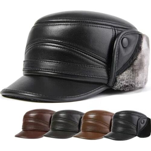 Winter Mens Leather Hat Thicken Leather Cowhide Baseball Caps With Ears Warm Snapback Dads Hats Sombrero De Cuero Del Hombre