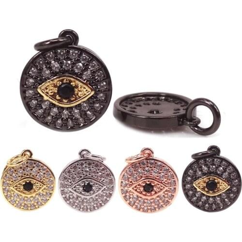 Gold Black Silver Color Copper Metal Micro Pave CZ Round Evil Eye Pendant Charms For Jewelry Making Necklace Bracelet DIY 2Pcs