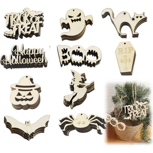 10Pcs Laser Cut Wooden Slice Handcraft Cartoon Animal Letter Carving Wood Crafts Hanging Ornaments Halloween Home Party Decor