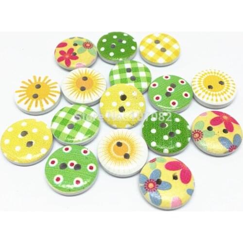 100pcs Mixed Green Yellow Mix Wooden Buttons 15mm 2 Holes Round DIY Button Embellishments For Scrapbooking Sewing Cardmaking