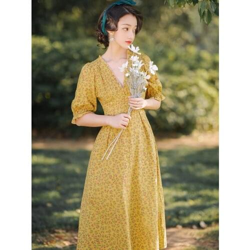 2020 new fashion womens clothing V-Neck Vintage dress Print