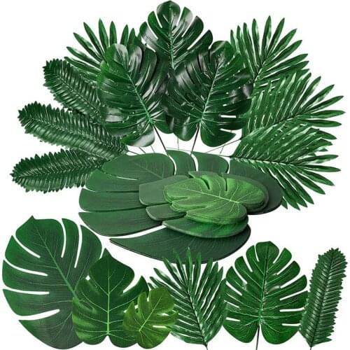 72 Pieces 6 Kinds Artificial Tropical Palm Leaves Fake Leaves, Faux Leaves with Stems for Jungle Party Supplies