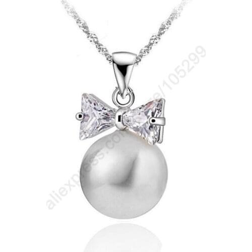 Brand Jewelry 925 Sterling Silver White Bow Tie Crystal Pearl Pendant Necklaces 18 inches 925 Sterling Silver Chains Accessory