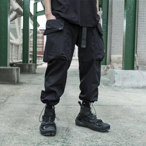 CROXX Techwear Mens Black Drawsting Hem Cargo Pants Ripsto Fabric Hip Hop Style Punk Fashion