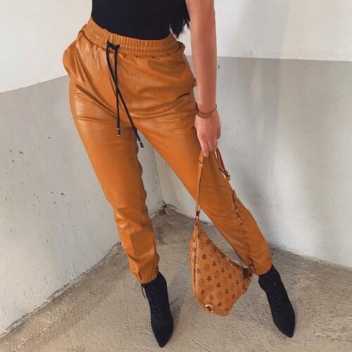 Women Faux Leather High Waist Pants Jogging Bottoms Ladies Casual Pants Cargo Joggers Streetwear Trousers Female Sweatpants