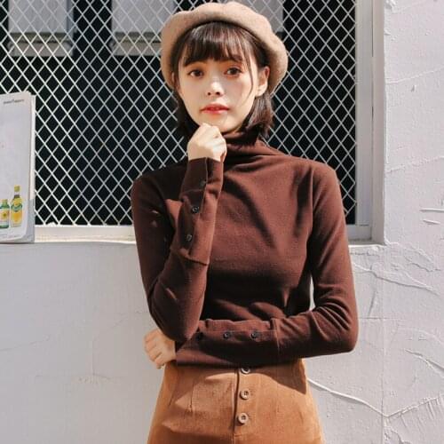 New Autumn Winter Women Basic Tees Tops Female Fashion Single-breasted Long Sleeve Slim T-shirt Woman Casual All-match Tshirts