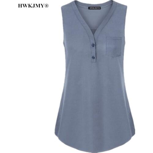 HWKJMY New Women Tops Classic Solid Color Blouse Woman V-neck Chiffon Sleeveless Shirt Casual Female Tank Top Plus Size S-5XL