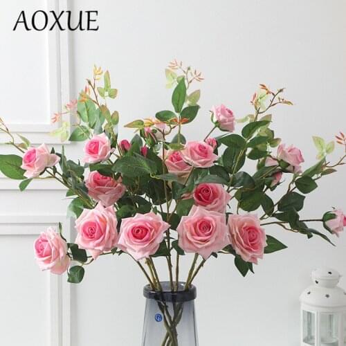 AOXUE 75cm 3 heads rose silk flower simulation fake flowers home living room hotel decoration wedding bouquet artificial plants