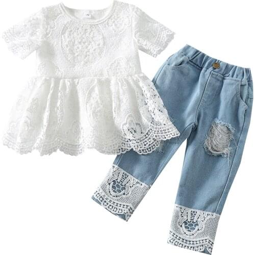 2-8Years Girls Lace Clothes Set Floral Hollow Out Short Sleeve O-neck Tops + Ripped Denim Trousers
