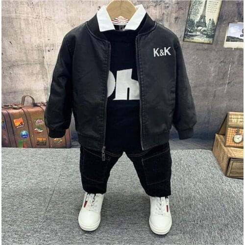 Children Kids Boys Clothing Sets Winter Sets faux leather jacket Baby Boys Coat+knit sweater, plush jeans 3Pcs boys Clothes set