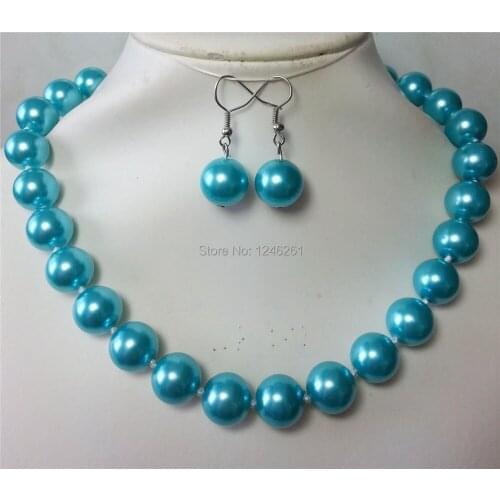 Minimum Order1) Charming 14mm Blue South Sea Shell Pearl Necklace Earring Set Beads Jewelry Making Design Natural Stone 18inch