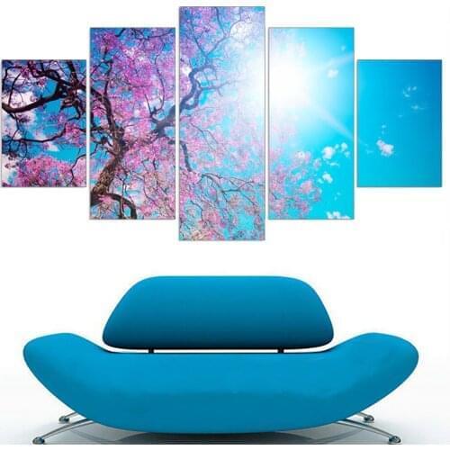 Five-Piece Mural Without Frame Sunshine Cherry Tree Landscape Canvas Painting Modular Art Poster Wall Home Decoration Picture