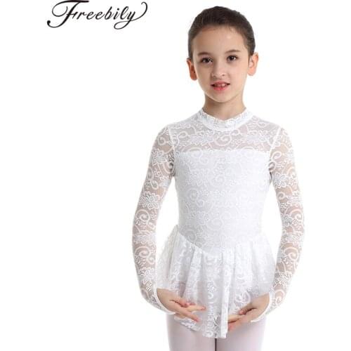 Girls Ballroom dance dresses Kids Long Sleeves Floral Lace figure Ice Skating Dress Child Gymnastics Leotard Ballet Dance wear