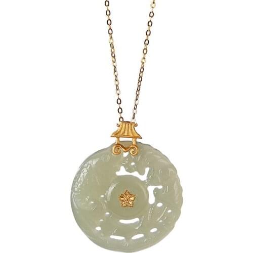 S925 sterling silver gold plated Hetian Gray jade Pendant Retro Palace style Hollow out Plum blossom Peace buckle Pendant