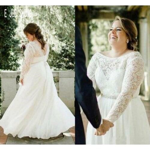 E JUE SHUNG Plus Size Boho Wedding Dresses Scoop Neck Long Sleeves Open Back Crystal Sash Lace Wedding Gowns robe de mariee