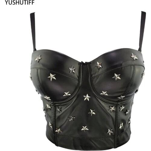 PU Leather Top Star Decor Sexy Black Beading Top Female Crop Top Women Solid Camis Tops With Built In Bra Push Up Bustier Corset