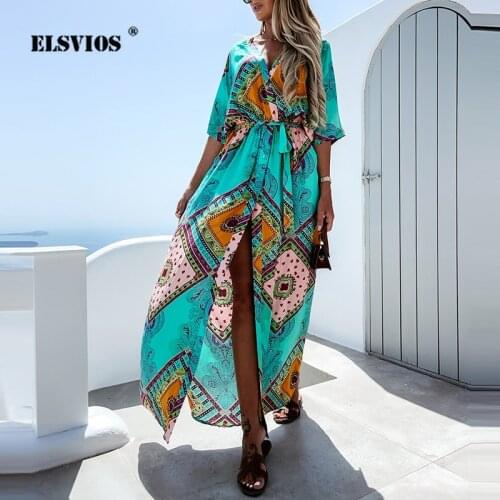 Vintage Party Slit Maxi Dress Women Sexy V-Neck Buttons Lace-Up Print Vestidos Summer Casual Elegant Bohemian Beach Long Dresses