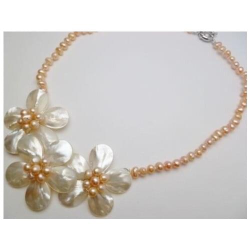 2019 Fashion Jewelry Three White Mother Pearl Shell Flower Peach Necklace 20 inches