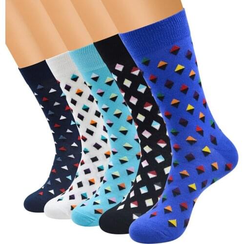 6 Pairs/lot Mens Unisex Women Funny Happy Socks Fine Paragraph Diamond Pattern Design Tube Geometric Combed Cotton Trendy Socks