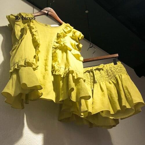 Summer Korean Style Cotton Short Petal Sleeve O Neck Ruffles T Shirt Yellow Drawstring Shorts Women