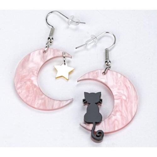 Lovely Irregular Gold Black Cat Sit On the Half Moon Acrylic Dangle Earrings For Women Girls Fashion Golden Stars Drop Earrings