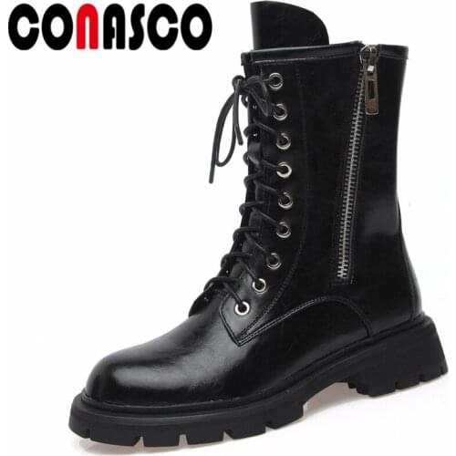 CONASC Punk Women Ankle Boots Autumn Winter Warm Cow Leather Prom Office Lady Concise High Quality Motorcycle Shoes Woman