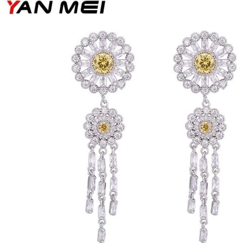 Top Quality Round Flower Shape Long Earrings Fashion Cubic Zircon Earring For Women Boucles D'oreilles YANMEI GLE5766Y