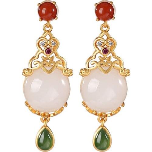 S925 sterling silver gold plated Hetian Jade South Red Jasper retro elegant personality hollow out womens ear stud earring